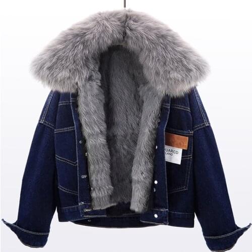 Natural Fox Fur Collar Coat Real Rabbit Fur Liner Denim Jacket Women Winter New Warm Short Real Fur Parkas Jeans Coat WY276