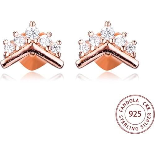 100% 925 Sterling Silver Earring Rose Tiara Wishbone Stud Earrings for Women Original Fashion Jewelry pendientes Free Shipping