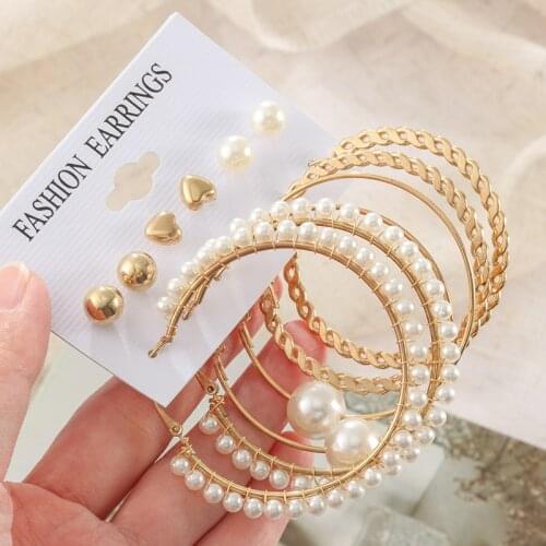 Womens Earrings Korean Hoop Metal Circle Earrings for Women Fashion Pearl Round Earring Set 2021 Trend Earings Female Jewelry