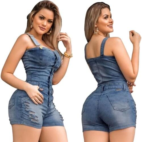 Slim Sleeveless Jeans Jumpsuit Denim Playsuit for Women 2020 Buttons Plus Size Elegance Cotton Jeans Woman Ladies Short Romper