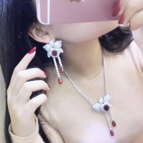 Jewelry set 925 sterling silver with cubic zircon flower drop earring and necklace fine women jewelry free shipping