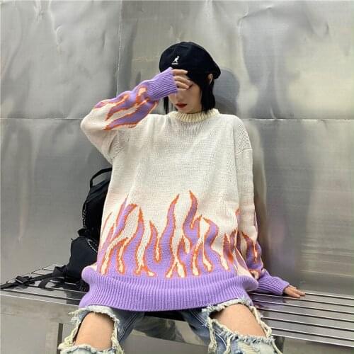 2020 Flame Crew Neck Knitwear Jacquard Women 'S Sweater Hip Hop Sweater Pullover Hipster Sweater Woman Clothing