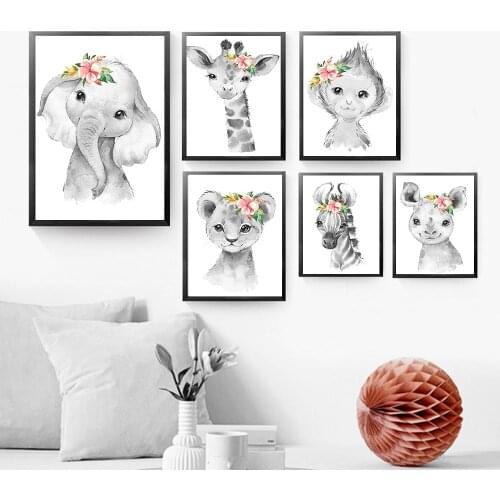 Animals Floral Crown Art Decor Canvas Painting Baby Girl Prints Animal Giraffe Elephant Zebra Tiger Wall Pictures Nursery Poster