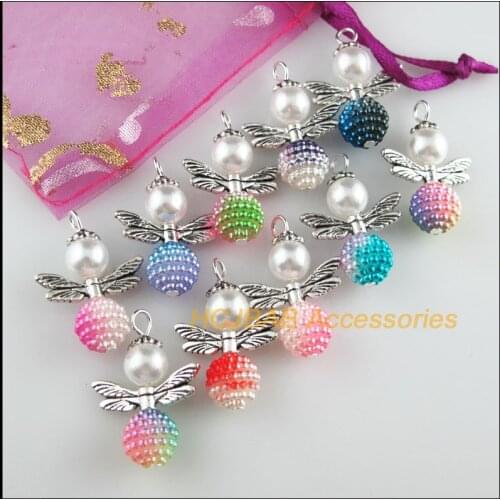 10Pcs Tibetan Silver Tone Angel Mixed Acrylic Waxberry Ball Charms Pendants 20x29mm