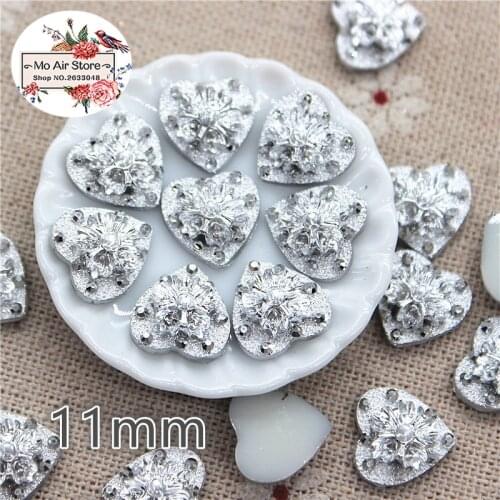 100pcs silver resin heart flower Flatback Rhinestone Faceted Art Supply Decoration Charm Craft 11mm