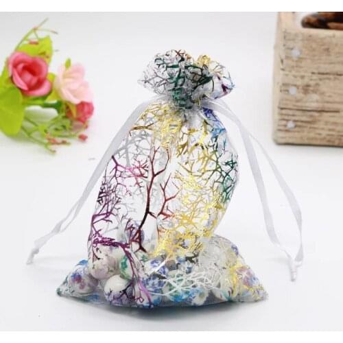 Free Shipping 100pcs lot Creative Unique Coral Design Organza Jewerly bags Beach theme wedding favors bag