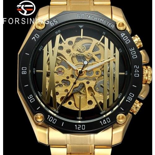 FORSINING New Automatic Mechanical Men Wristwatch Military Sport Male Clock Top Brand Luxury Gold Steel Skeleton Man Watch 8068