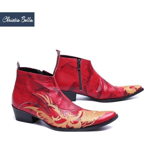 Christia Bella Man Formal Dress Boots Large Size Real Leather New Male Office Boots Print Zipper Motorcycle British Style Boots