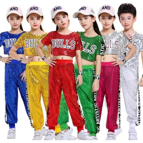 2021 Red Girl Jazz Dance Children Sequin Hip Hop Dance Costume Sparkly Stage Jazz Dance Costumes Suit Girls Crop Top and Pants