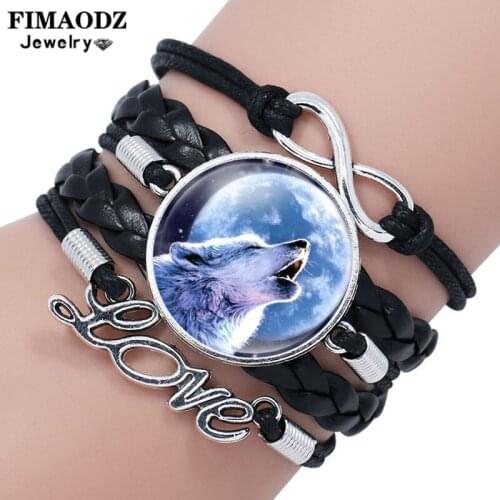 FIMAODZ Fashion Wolf Full Moon Bracelet Wild Animal Art Photo Glass Gem Multilayer Leather Bracelets Bangle for Men Women