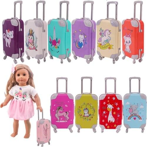 Doll Suitcase Travel Accessories Plastic Trunk Cartoon Unicorn Cat Printing Pattern For 18 Inch American Girl&43 Cm Reborn Doll