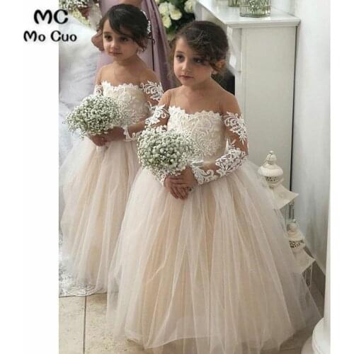 Mocuo 2020 Lovely Flower Girl Dresses Long Sleeve Kids Evening Gowns Tulle Round Neck Girl Prom Dresses Pageant Dresses