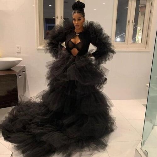 Fashion Black Ruffles Tulle Mermaid Prom Dresses with Full Sleeves Tutu Tiered Long Evening Party Gowns 2021