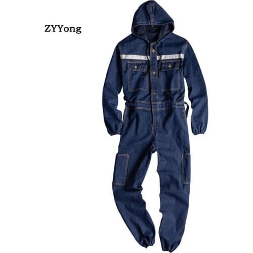 Man Jeans Jumpsuits Bib Overalls Cotton Reflective Strip Hooded Denim Cargo Pants Fashion Leisure Hip Hop Freight Trousers