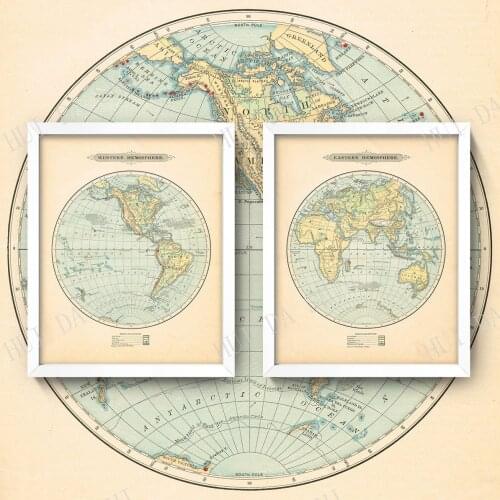 Vintage World Map Set • Antique Western and Eastern Hemispheres Maps • Buy as set or individually • Gorgeous Travel Map Wall Art