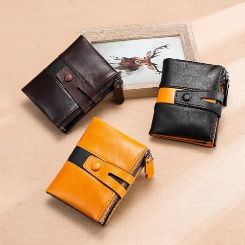 Popular Style Hot Selling Double Zipper Leather Wallet Anti-theft Brush RFID Color Mens Head Cowhide Short Wallet