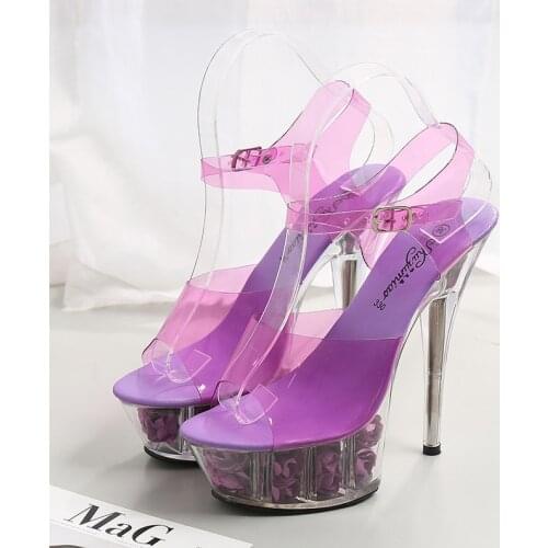 15CM Flowers Transparent Crystal Sandals Shoes Sum Flower Wedding Shoes Sandals Women Shoes Platform Thin Heel Ultra High Heels