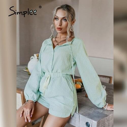 Simplee Casual Green Plaid Two-piece Women Suit Summer 2021 Single breasted V-neck Top Short Sets Fashion Long-sleeve Female Set
