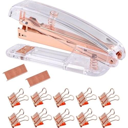Rose Gold Stapler Acrylic Desktop Stapler with 1000 PCS Rose Gold Staples and 10 Pieces Blinder Clips for Office School Home Acc