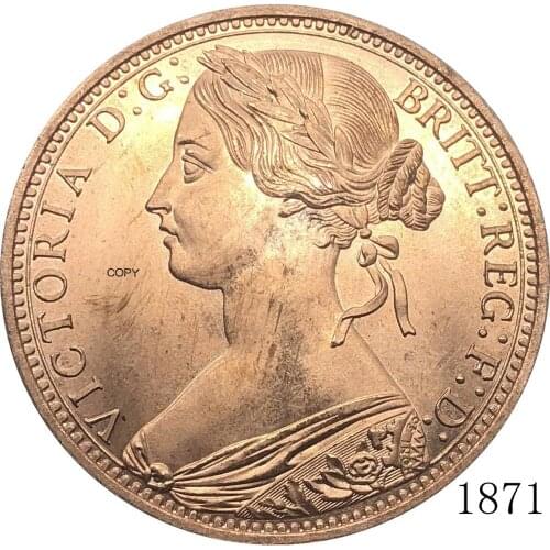 United Kingdom 1871 1 One Penny Queen Victoria Great Britain Bronze Portrait Red Copper Copy Coin With Smooth Edge