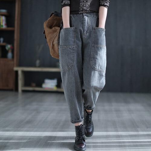 Spring Ladies Retro Nine-point Jeans 2021 New Casual Fashion Loose Stitching Trousers Double Stitching Bag Plus Size S-4xl