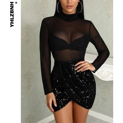 YHLZBNH Women Mesh Sheer Bodycon Party Clubwear Black See Through Sequined Short Mini Dress Transparent Sexy Stand Neck Dresses