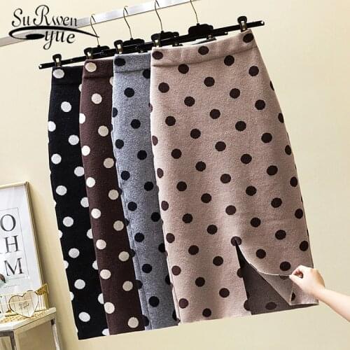 Autumn Winter 2021 Autumn Winter Korean Polka Dot Knitted Soft Skirt Women Stretch High Waist Knit Skirts Thick Woman 7313 50
