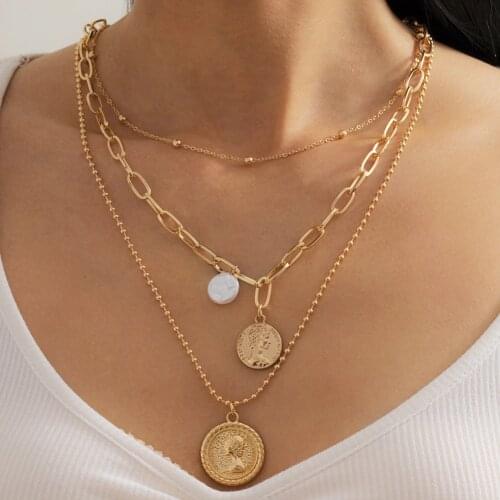 Hip Hop Style Baroque Imitation Pearl Portrait Pendant Round Bead Layered Necklace Charm Clavicle Chain Women Party Jewelry