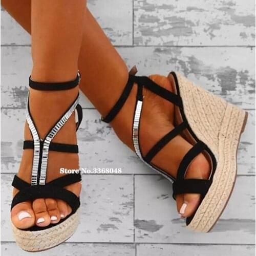 New Rhinestone Open Toe Wedge Sandals Woman Hollow Out Strappy Platform Fashion Pumps Braided Heels Woman Party Dress Shoes