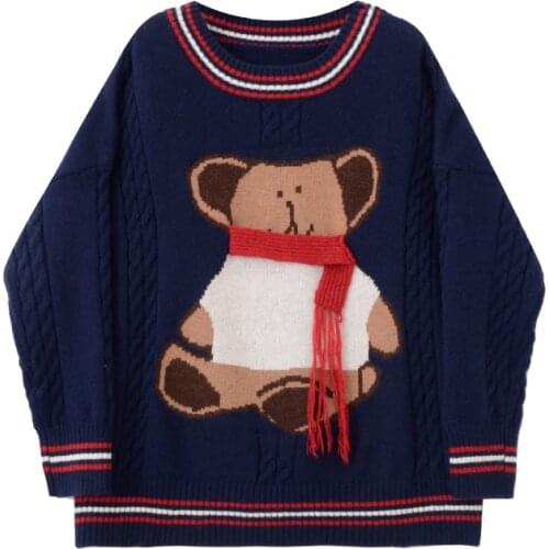 Womens Long Sweater Pullover Cartoon Bear Embroidered Fashion Korean Sweater Slim Cute Girl Winter 2020 Autumn/Winter New