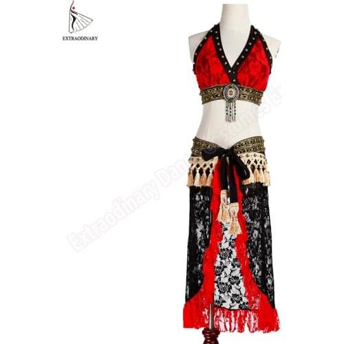 ATS Tribal Belly Dance Costume Suit Set Bra Hip Scarf Lace Women Stage Performance Tribal Gypsy Adjustable Top Belt 2PCS