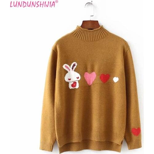 LUNDUNSHIJIA Rabbit Love Heart Printed Pullover Tops Women Fashion Sweater 2018 Autumn Turtleneck Knitting Female Sweater