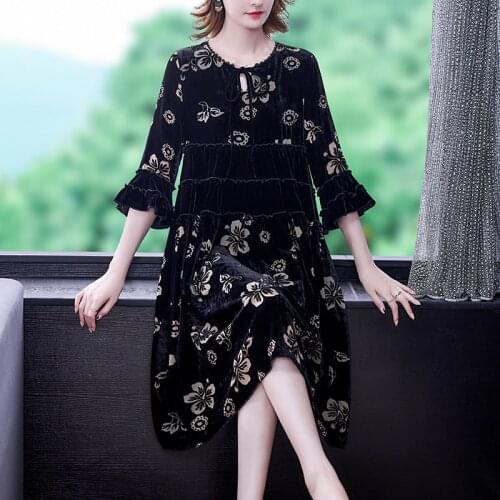 2021 Women Vintage Black Floral Golden Velvet Dress Spring Autumn Loose 5XL Plus Size Midi Dress Elegant Bodycon Casual Vestidos