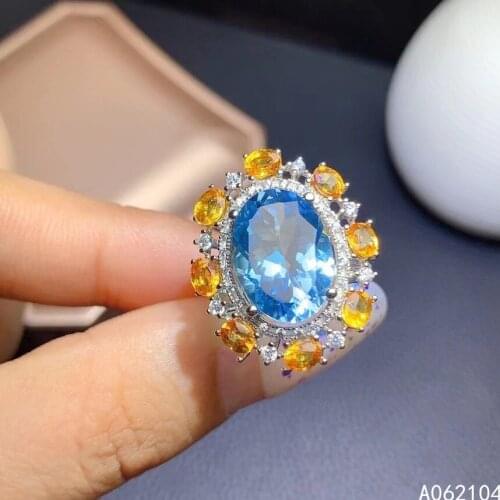 KJJEAXCMY fine jewelry 925 sterling silver inlaid natural Blue Topaz yellow sapphire Women vintage exquisite adjustable gem ring