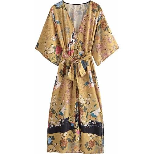 New Women Vintage Printed Dress with Sashes Elegant V-neck Slit sleeves Chic Lady Woman Vogue Midi Long Dress