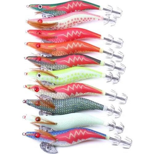 10Pcs Shrimp Fishing Lures Artificial Wooden Shrimp Squid Hook Octopus Cuttlefish Shrimp Lure Random Color