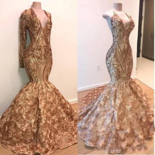 2020 Sexy Gold Mermaid Prom Dresses Long Sleeves Deep V Neck Lace Appliques Sequins African Black Girl Evening Gowns cheap