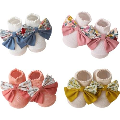 2021 Baby Accessories + Socks 4Pcs Set Kids Newborn Baby Cartoon Socks Anti-slip Sock Shoes Boots Bowknots Floor Slipper Socks
