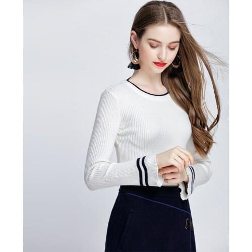 Jumper Poncho New Pattern Suit-dress Knitting Sweater. Round Neck Horn Length Sleeve Stripe Self-cultivation All-match Woman