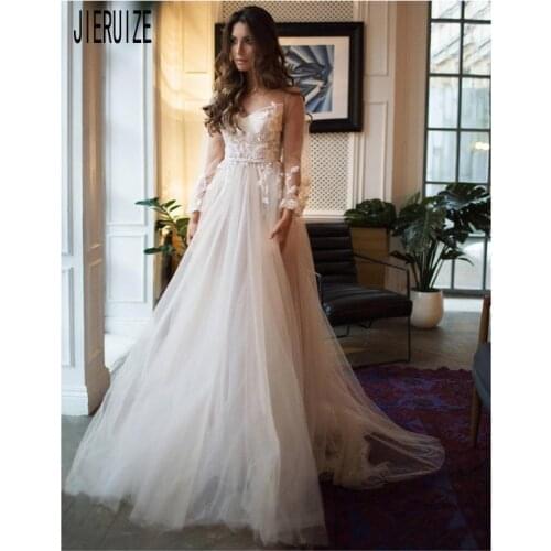 JIERUIZE Junoesque Boho Wedding Dress White Tulle Long Bridal Gowns V-neck Appliqued Long Sleeve Open Back Vestido De Novia