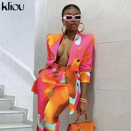 Kliou Outwear Two Piece Set Women Elegant Classy Print Suits Long Sleeve Coat+Elastic Waist All-Matching Pants Female Outfits