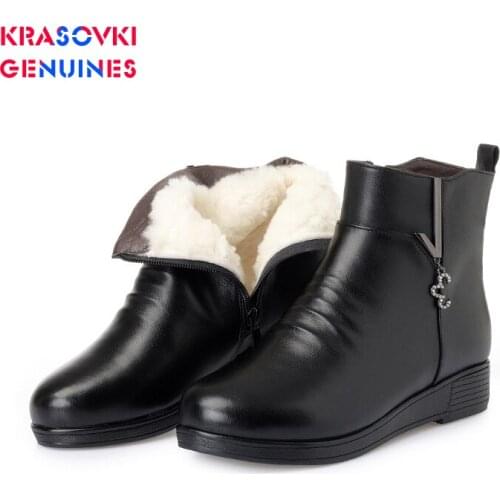 Krasovki Genuines Wool Women Snow Boots Warm Genuine Leather Fur Warm Shoes Plush Ankle Boots Platform for Women Winter Boots