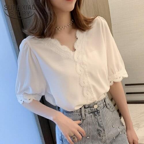 Summer 2021 New Elegant Sweet V-neck Korean Women Chiffon Shirt Short Sleeve Blouse White Hollow Out Blusas Femininas 8988 50