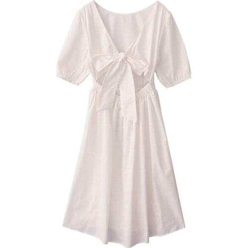 Mini Dress Women Sweet Square Collar Lovely Back Bow Hollow Out Dresses Robe Femme French Vintage Elegant Holiday Vestidos Mujer