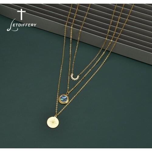 Letdiffery Fashion Multi Layer Colorful Shell Stainless Steel Necklace Sun Compass Pendant Gold Color Jewelry Gifts for Woman