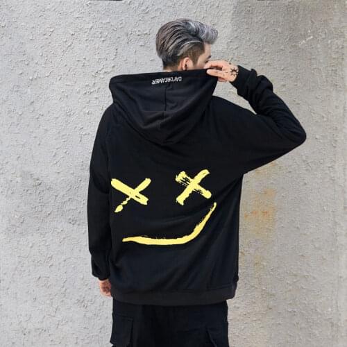 Autumn Winter Men Smile Print Hooded Hoodies Mens Black And White Stitching Sweatshirts Long Sleeve Hip Hop Streetwear Clothing