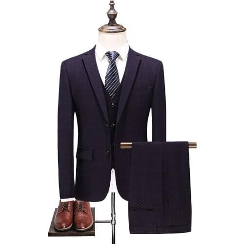 Mens suits men plaid slim suit blazer with trousers vest set mens business casual professional wear wedding groom formal dress