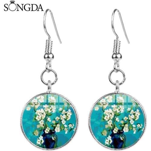 Charm Painting Apricot Flower Brooch Hook Earrings Famous Art Round Steel Bronze Color Glass Cabochon Drop Earrings Women