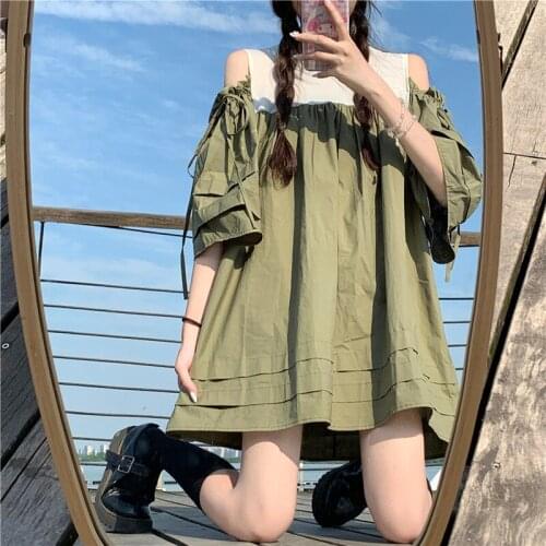 Japanese Sweet Girl Lolita Dress Summer Off Shoulder Puff Sleeve Stitching Princess Dresses Retro Harajuku Women Gothic Dress