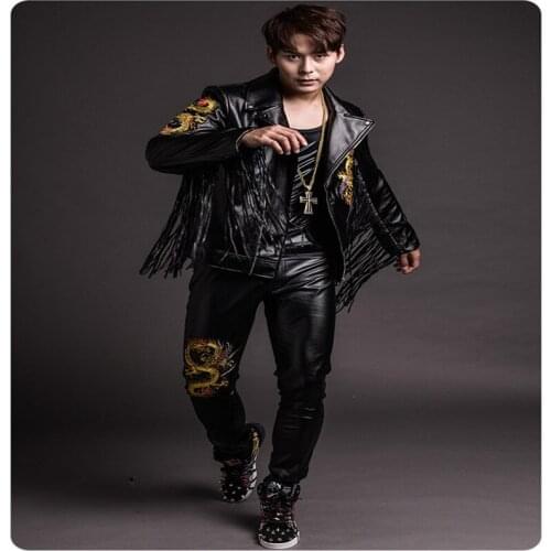 R22 Black tassel Punk stage wears jacket dj bar performance suit ballroom dance costumes singer dress clothe ds Leather clothing